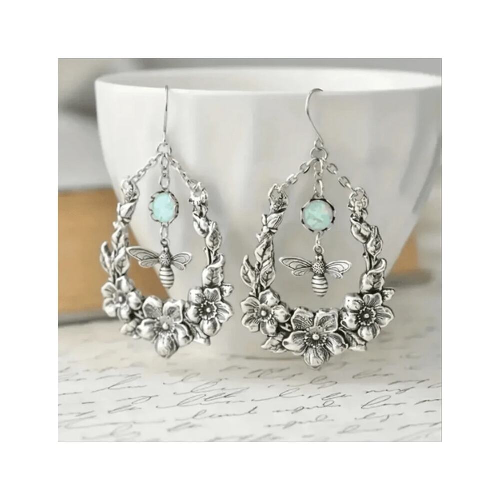 Bohemian Vintage Water Drop Bees & Flower Charm Earrings, Unique Antique Silver